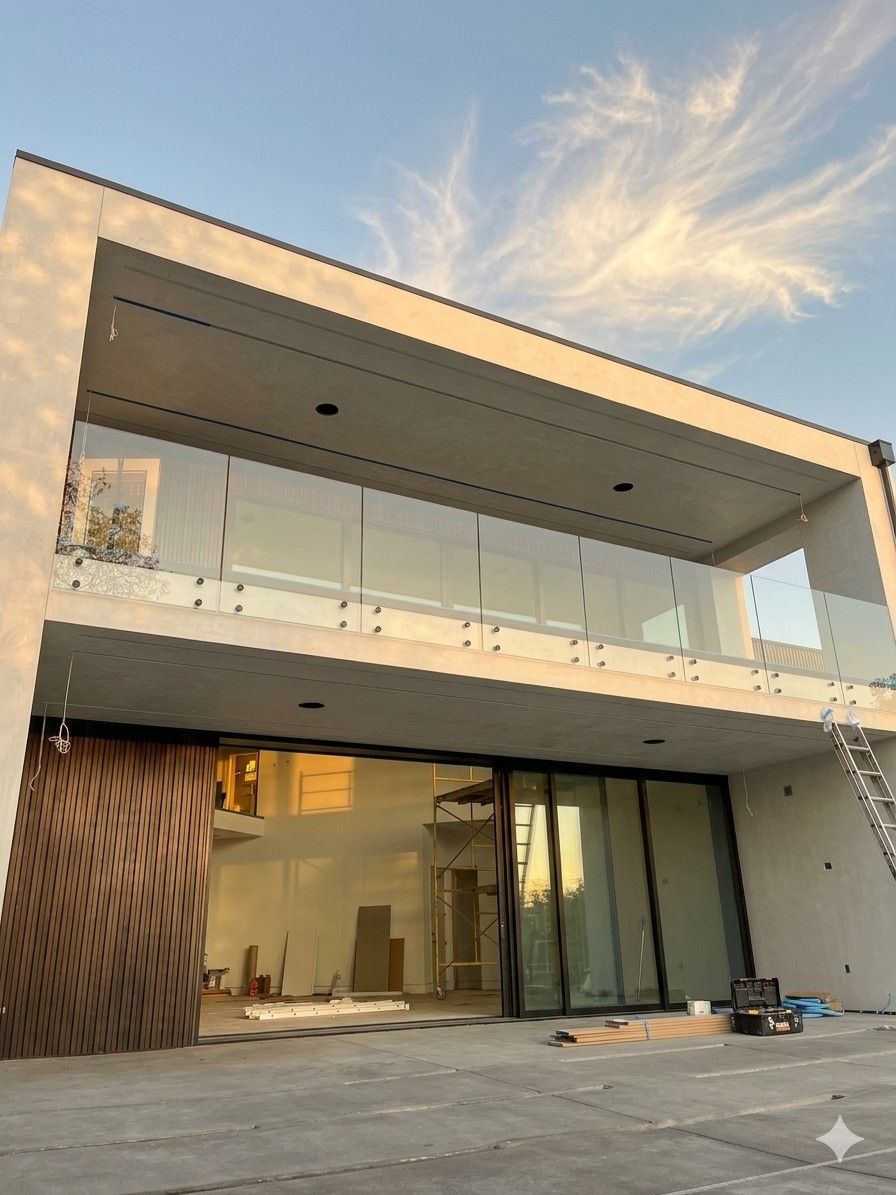 exterior center balcony from the backyard view of glass rails on matte black stand-offs installed by igo green enterprises inc.