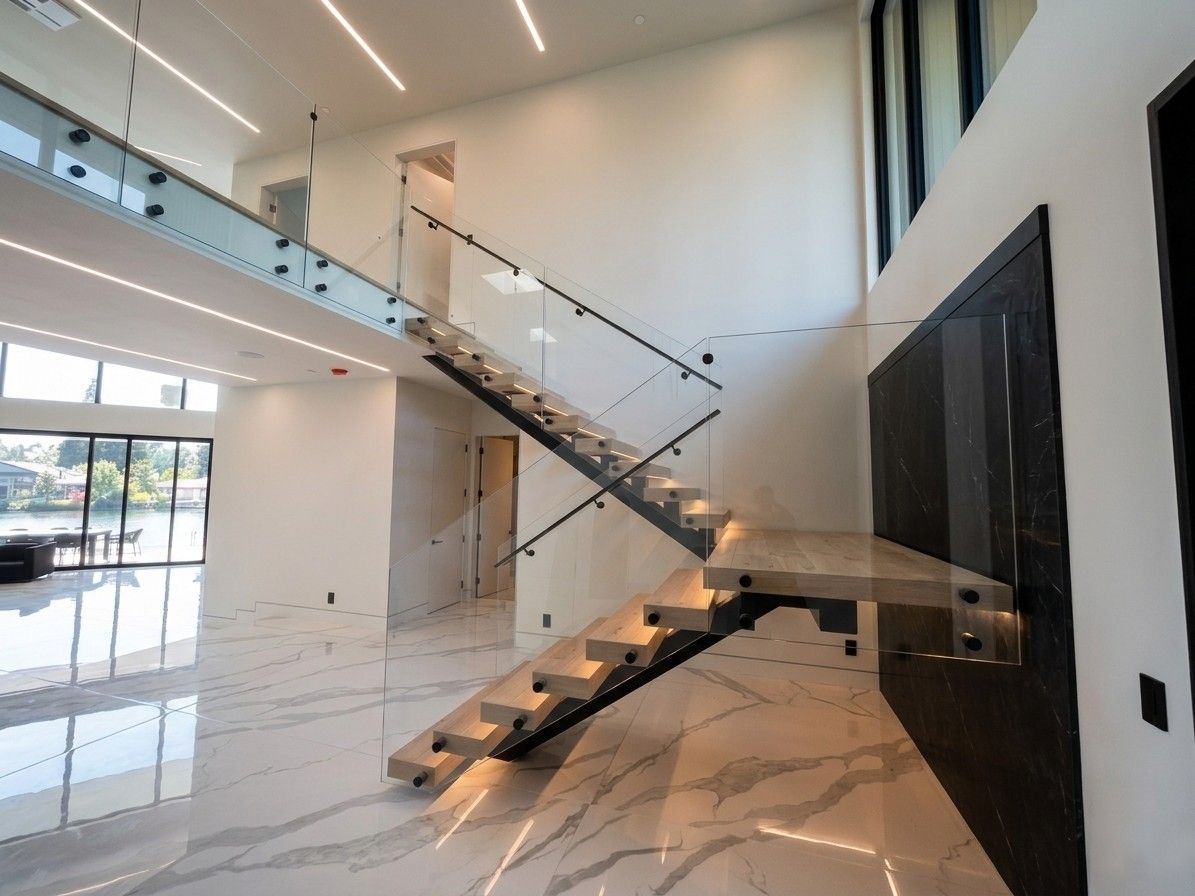 interior U-shaped staircase with glass rails on matte black stand-offs installed by igo green enterprises inc.