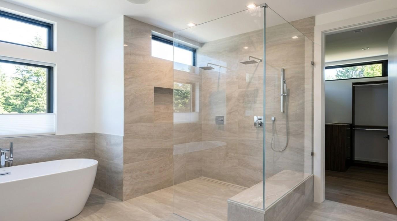 Custom heavy-glass shower door installed in a Greater Seattle home next to a white tub and window