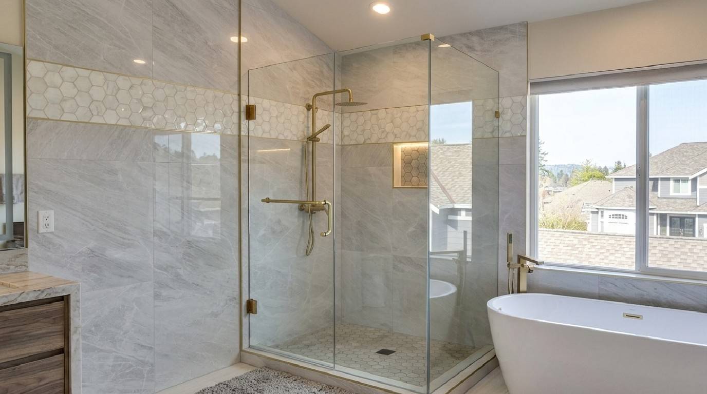 Frameless heavy-glass shower enclosure with minimal hinge hardware