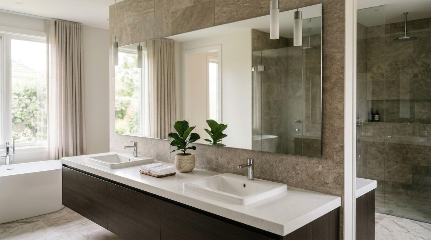Custom-cut polished-edge wall mirror in a residential vanity