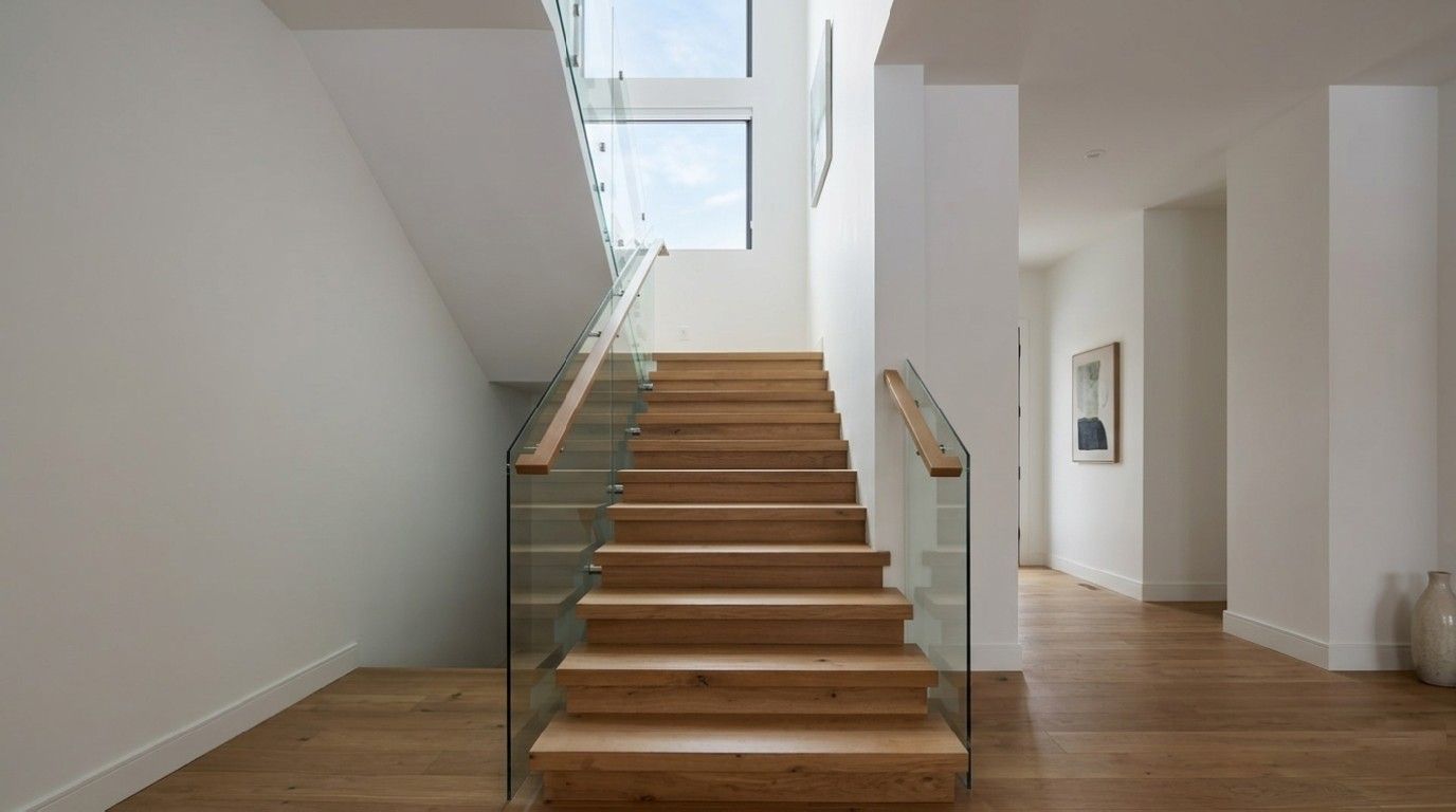 Frameless glass stair railing with stainless standoff hardware