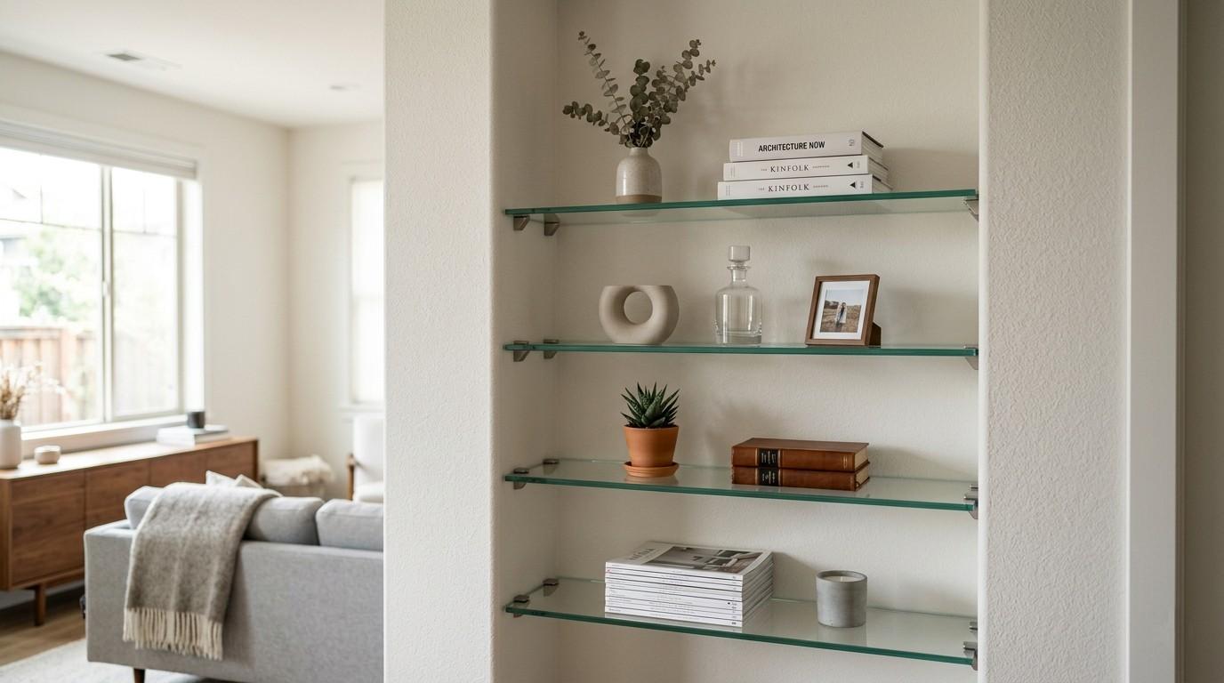 Tempered glass shelves with hidden bracket hardware