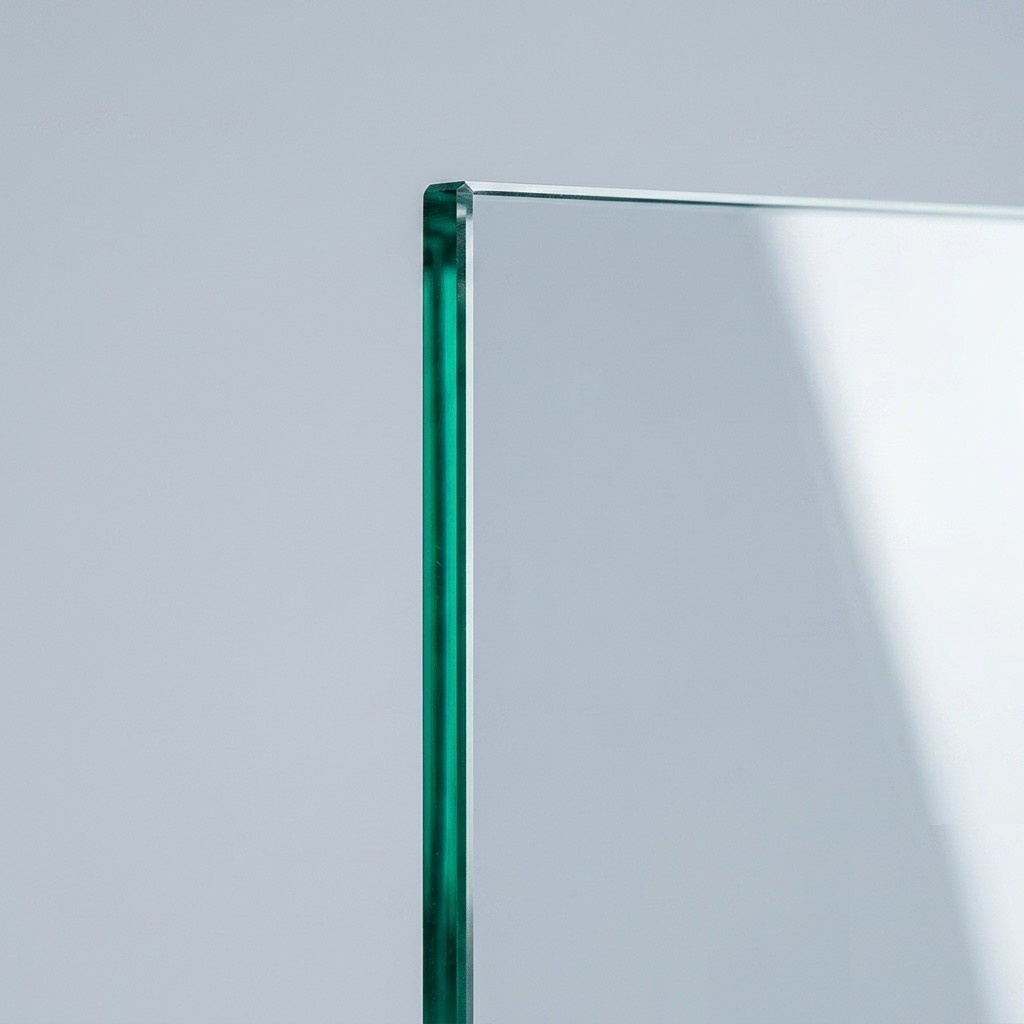 Clear tempered glass shower door panel in a residential bathroom
