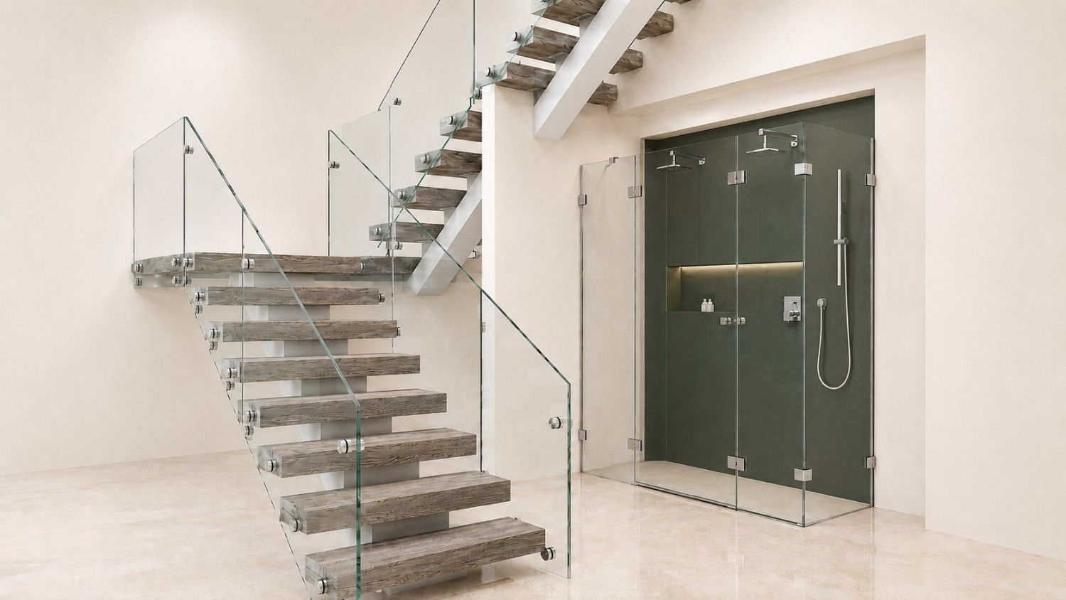 Custom frameless shower door and U-shaped stairway glass rails installed by IGo Green Enterprises