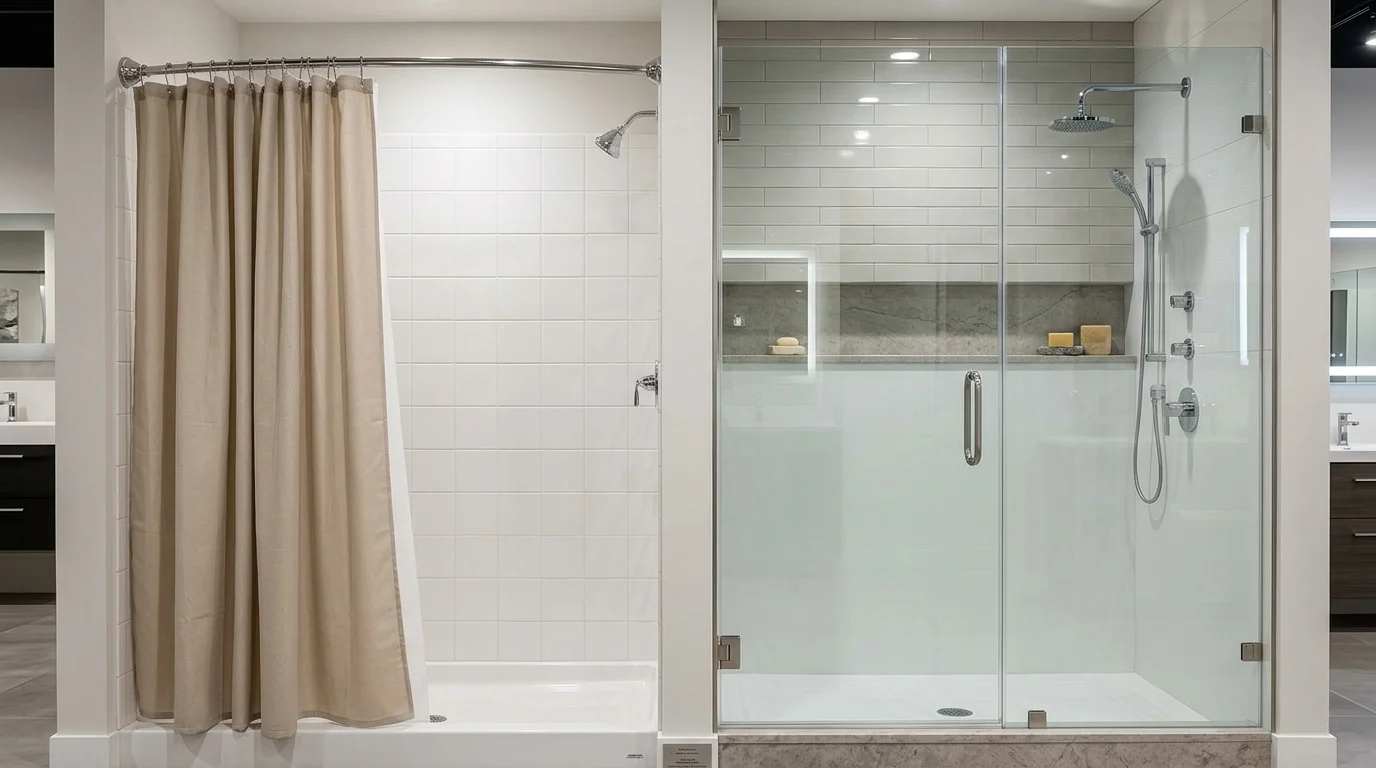 Bathroom remodel before-and-after showing a fabric shower curtain replaced with a frameless glass shower door