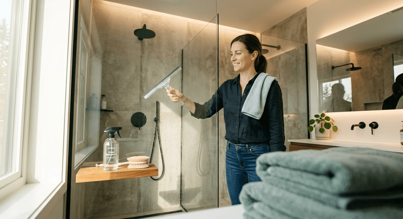wide angle of person cleaning shower panel with a squeegee cleaning water splatter