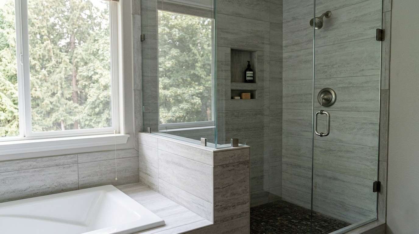Frameless glass panel mounted on a tile-topped pony wall in a master bath
