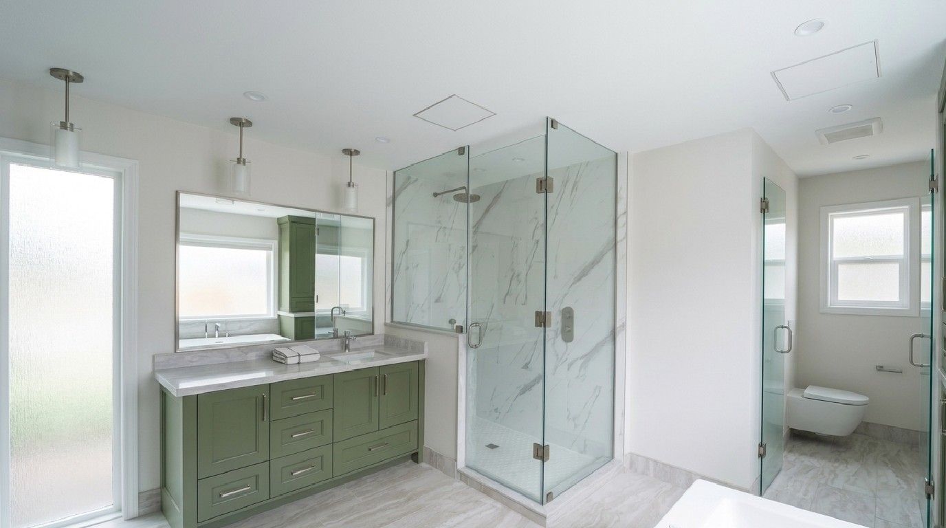 Fixed glass panel walk-in shower with minimal hardware