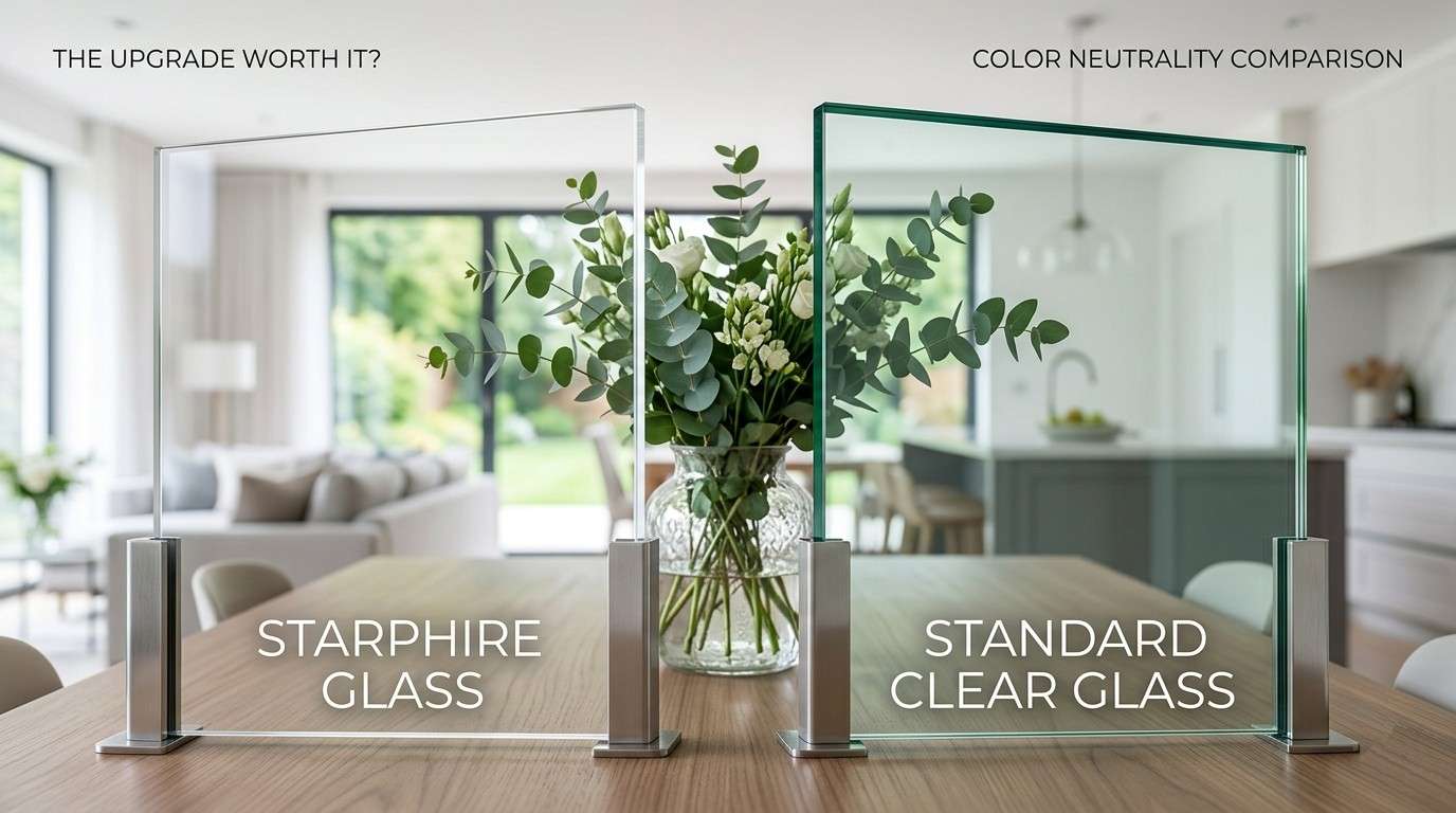 Side-by-side comparison of Starphire low-iron glass and standard clear glass on shower door sample glass panels showing the green-tint difference at the edges