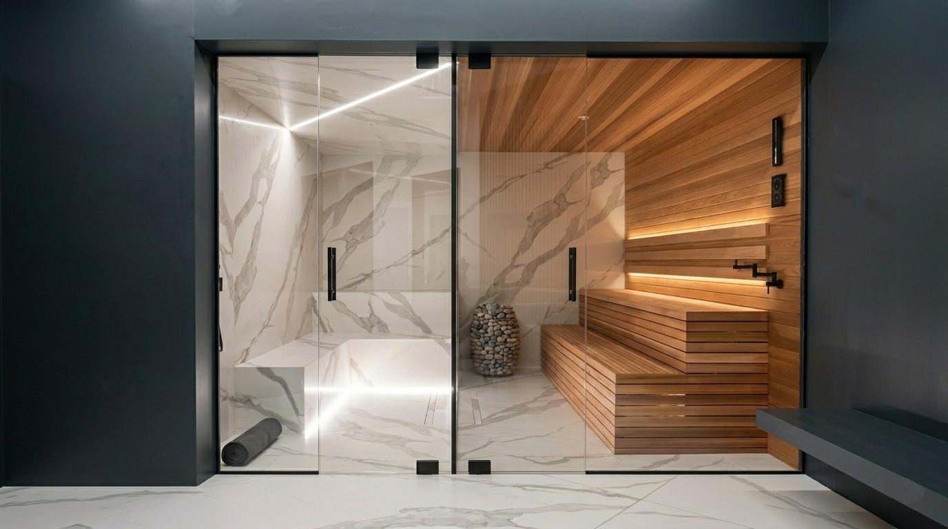 Steam shower glass door with full perimeter gasket and transom