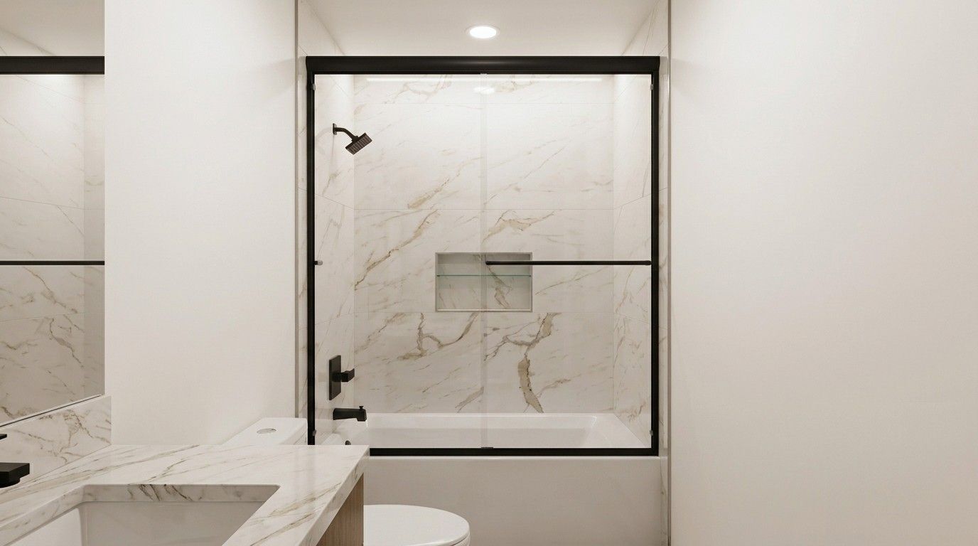 Glass tub shower door with bypass slider hardware